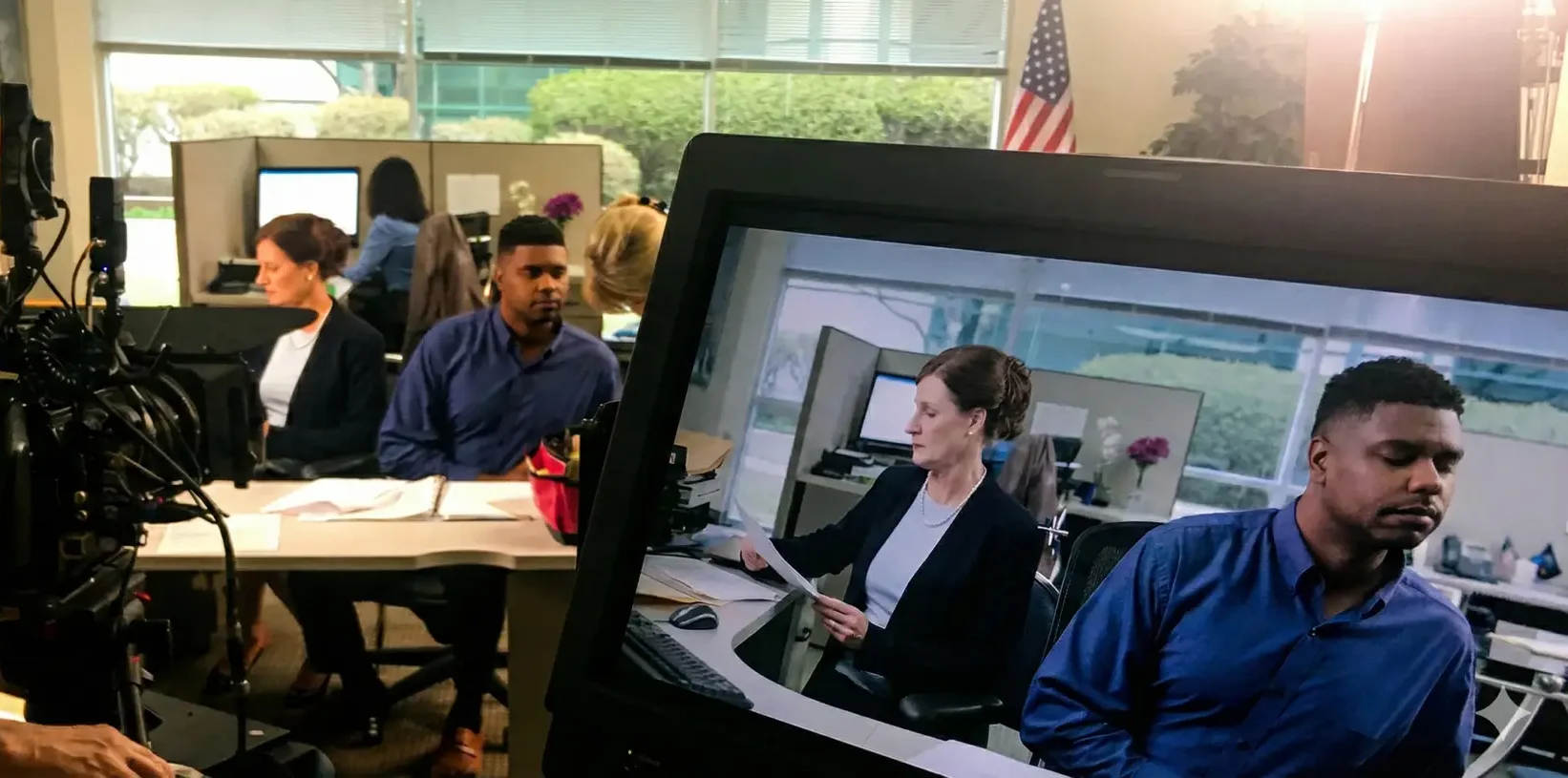 Behind-the-scenes picture of an instructional video shoot